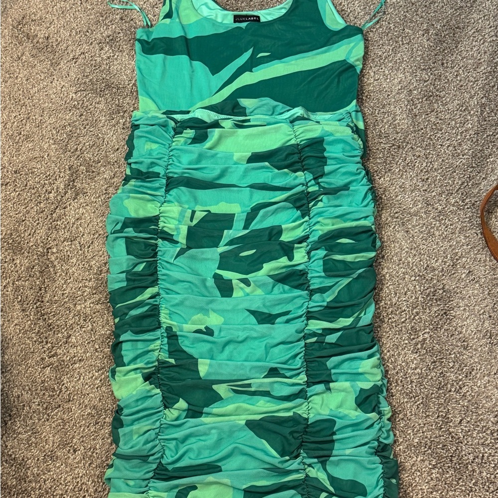 Green Patterned bodysuit and rushed matching skirt